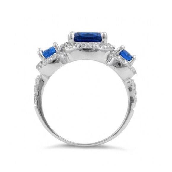Stunning Sterling Silver Blue Sapphire Three Stone Halo CZ Ring New - Picture 3 of 5